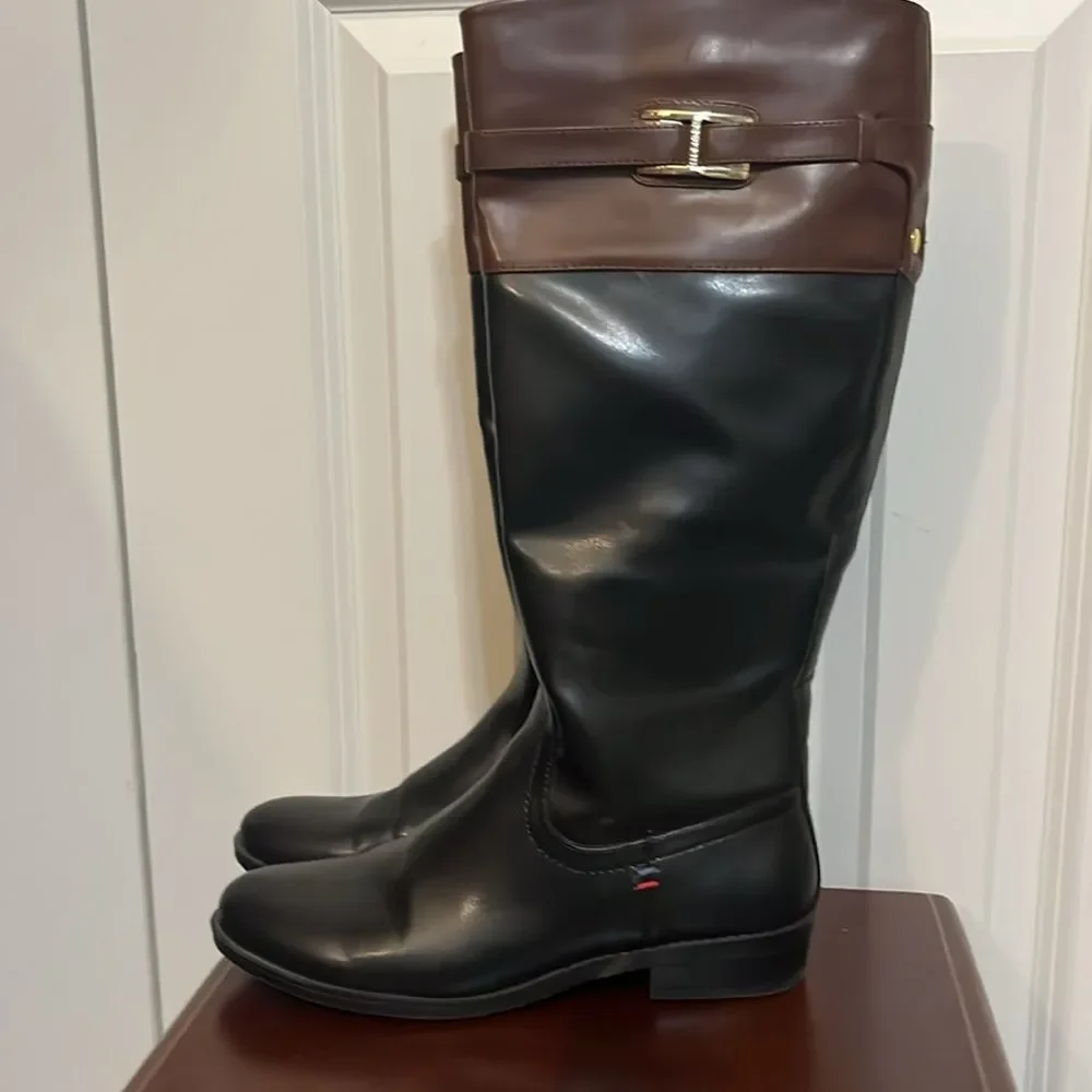Tommy Hilfiger Black Brown Zip Up Knee Length Riding Boots Classic Women’s 8